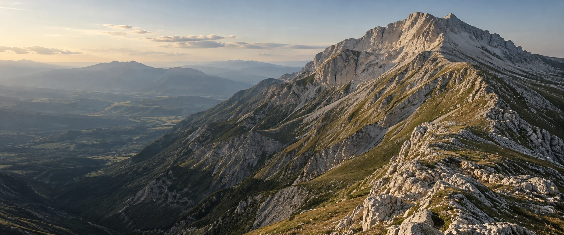 Paesaggio immaginario del Gran Sasso: una cresta calcarea sopra una valle, generato con AI